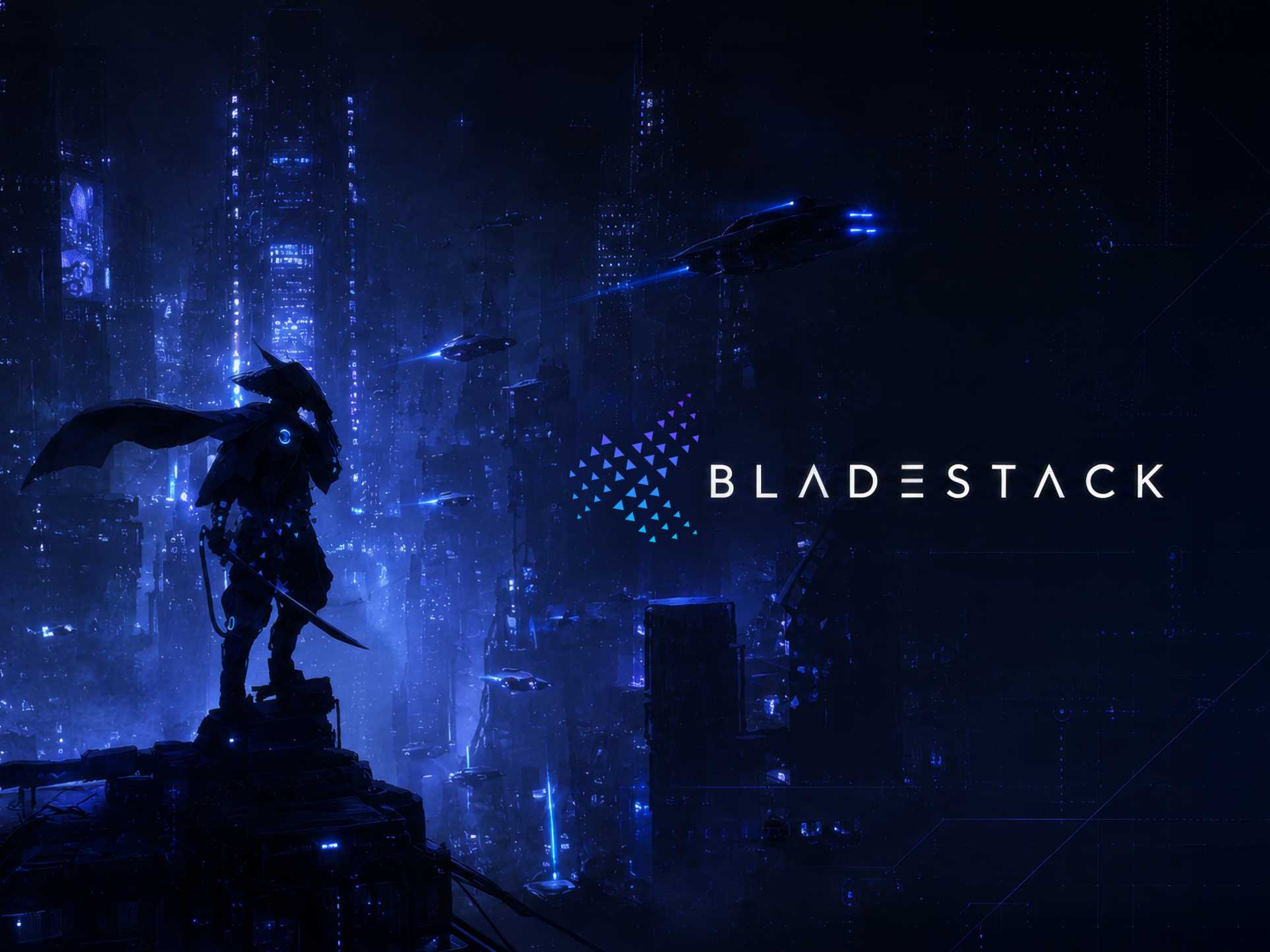 bladestack.io brand scene with a samurai silhouette overlooking a blue-lit futuristic city